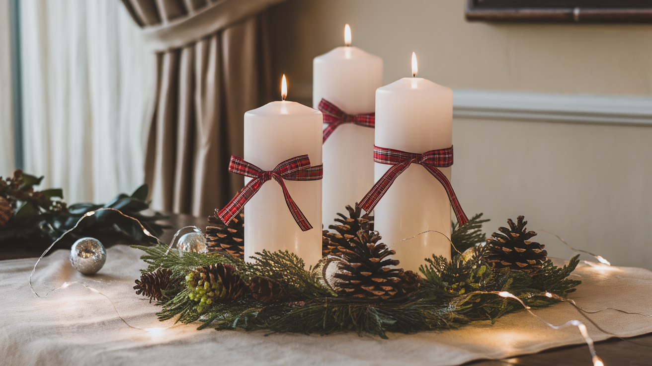 21. Simple White Candles with Ribbon Wraps