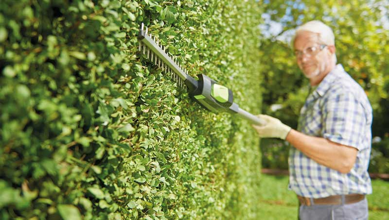 A Old man using Gtech Hedge Trimmer