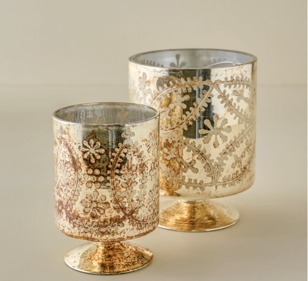 Burnished Mercury Glass Floral Hurricane by Magnolia
