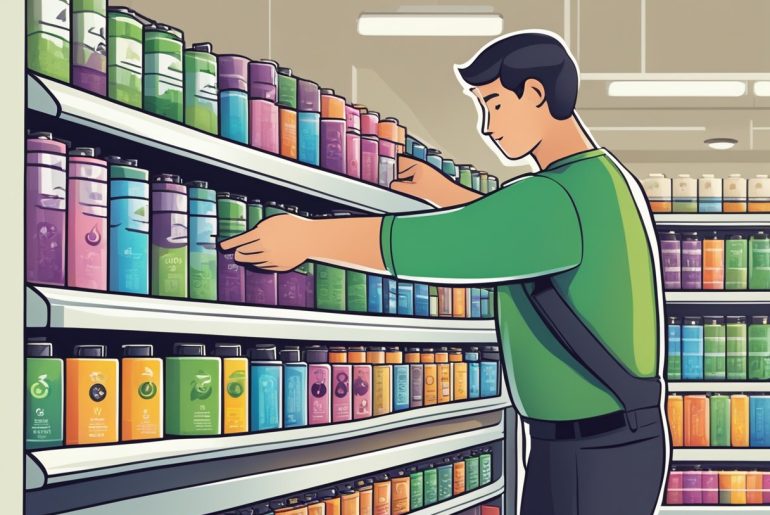 A person looking at a shelf of products Description automatically generated