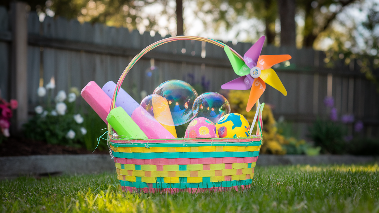 Outdoor Play Basket with Chalk, Bubbles, and a Pinwheel