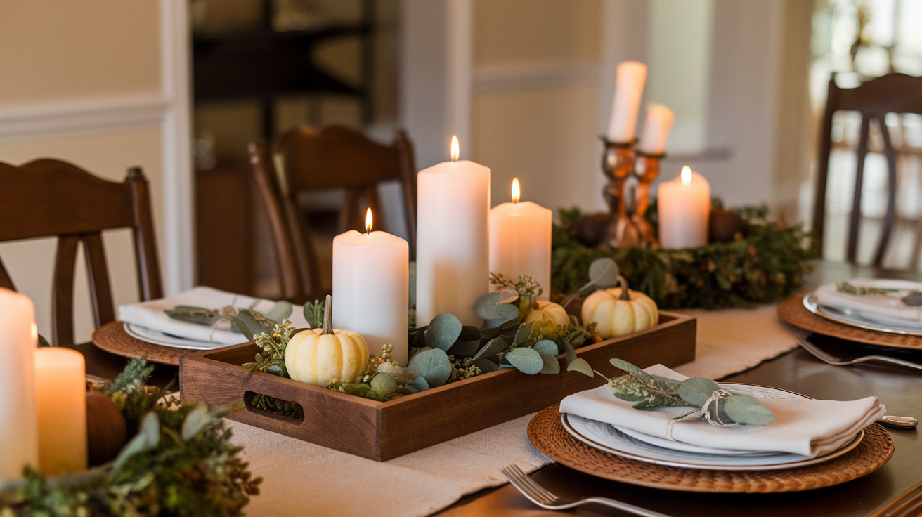 a photo of a wooden tray holding candles