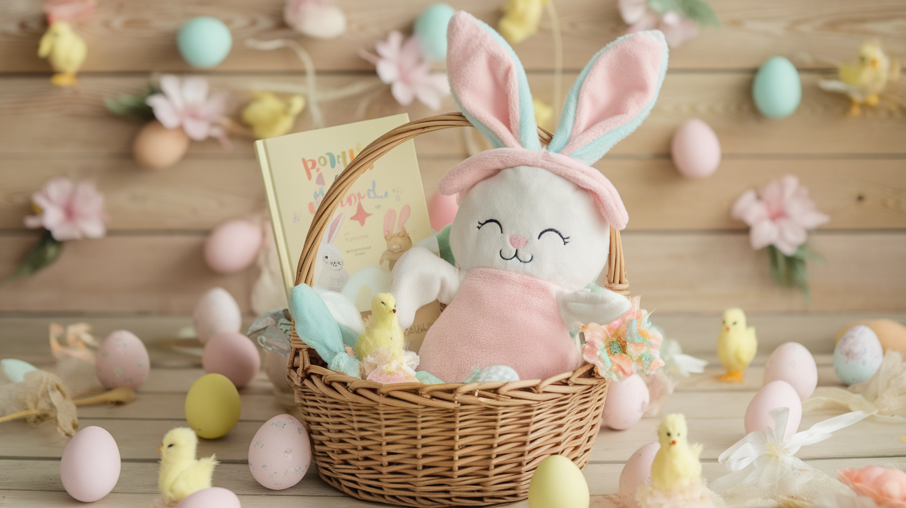 Bunny-Themed Basket with Plushies and a Bunny-Ear Headband