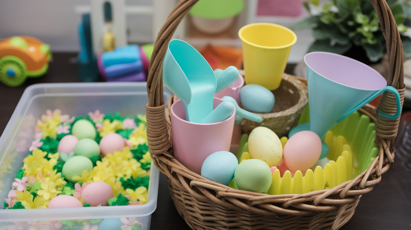 Spring Sensory Bin Starter Basket with Scoops and Cups