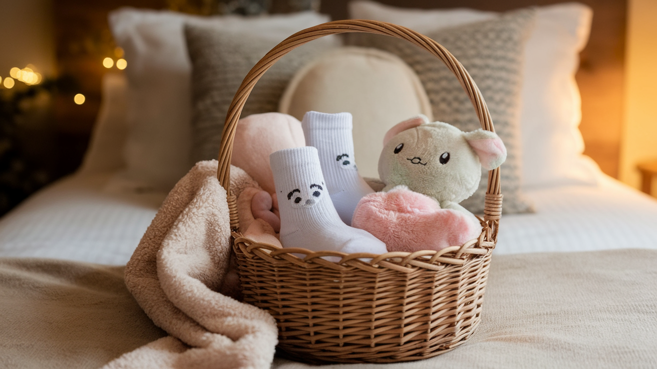 Cozy Basket with Socks, a Soft Blanket, and a Plush Toy
