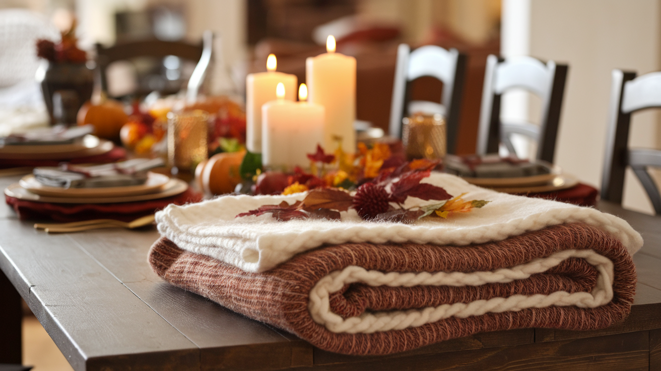a thanksgiving table with a folded cozy