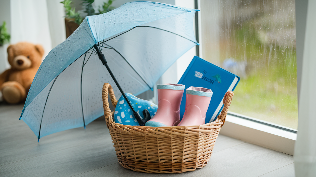 Rainy Day Basket with a Child-Size Umbrella and Boots
