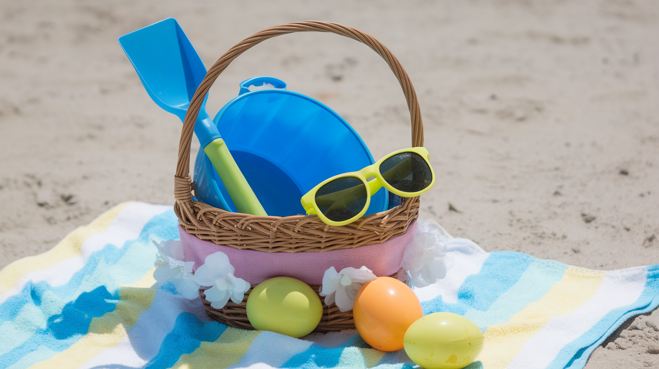 Beach Day Basket with a Pail, Shovel, and Sunglasses