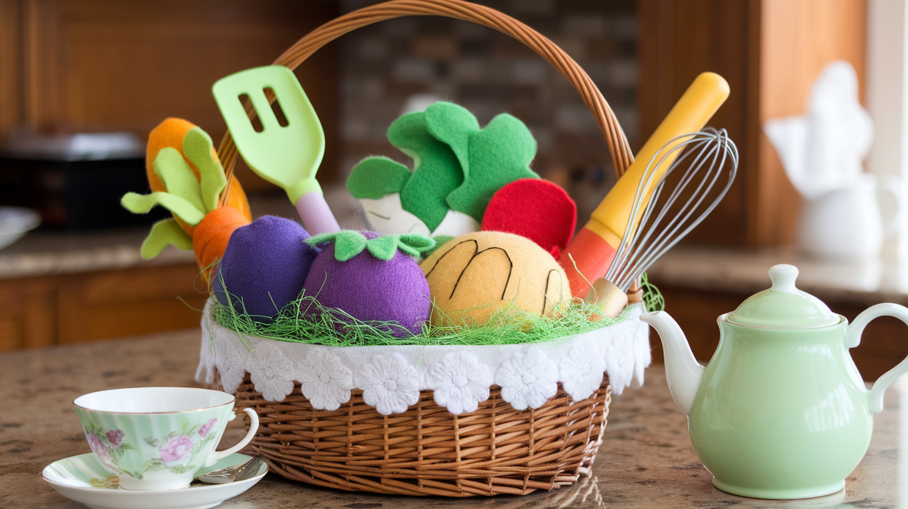 Play Kitchen Basket with Pretend Utensils and Felt Veggies