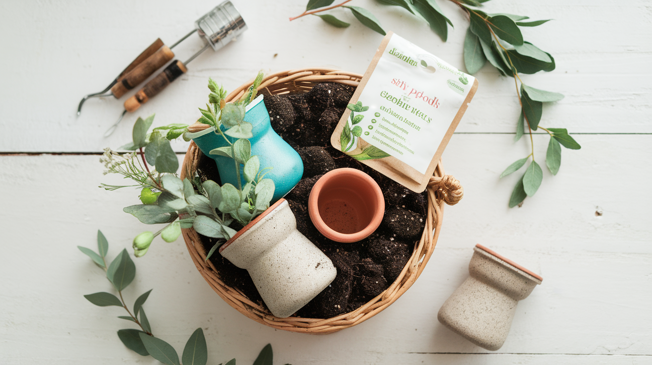 Planting Kit Basket with Soil Pods and a Small Pot