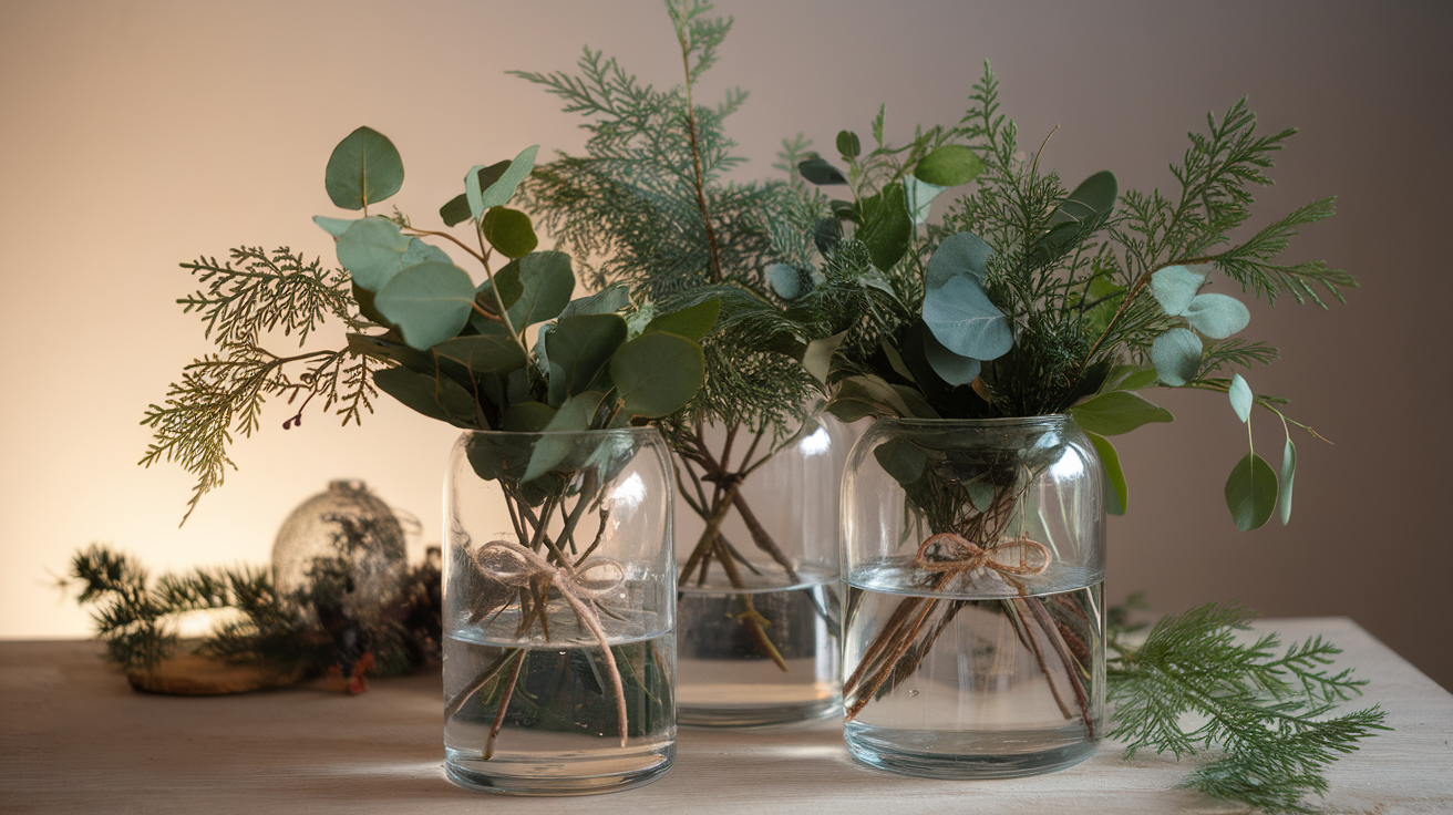 glass vases with green branches
